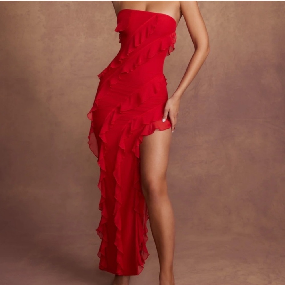 Bandeau Ruffle Detail Maxi Dress in Red